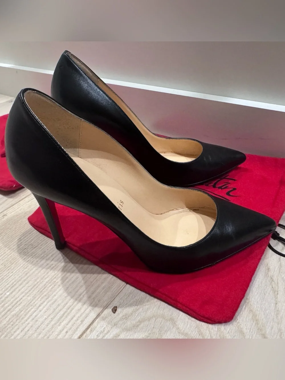 Christian Louboutin Black Leather Pointed 100mm Pumps with Red Dust Bag